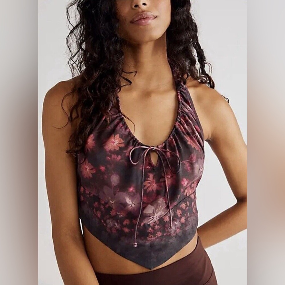 Free People Floral Tie-Front Halter Tank in Dark Brown and Pink